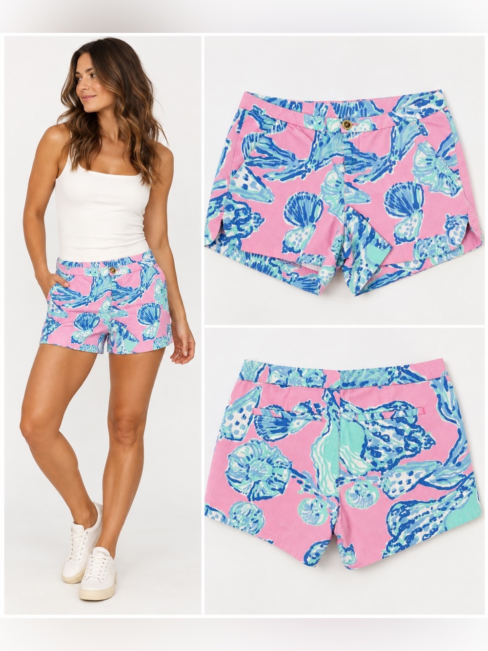 Lilly Pulitzer Pink Blue Seashell Print Shorts Size 00 Coastal Resort